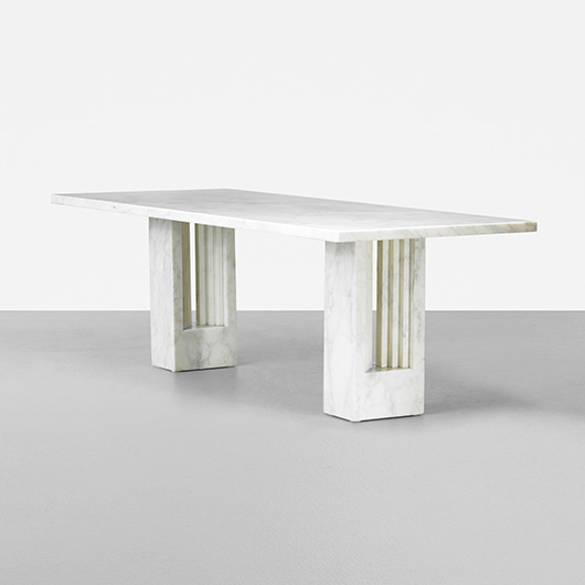 Architect Carlo Scarpa collaborated with fellow architect/designer Marcel Breuer on the marble Delfi table, produced as part of Simon Gavina’s Ultrarazionale collection in 1968. An example sold for $23,750 in 2012. Courtesy Wright Auctions.